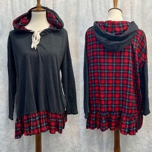 Entro NWT Mixed Media Hoodie in Charcoal & Plaid
